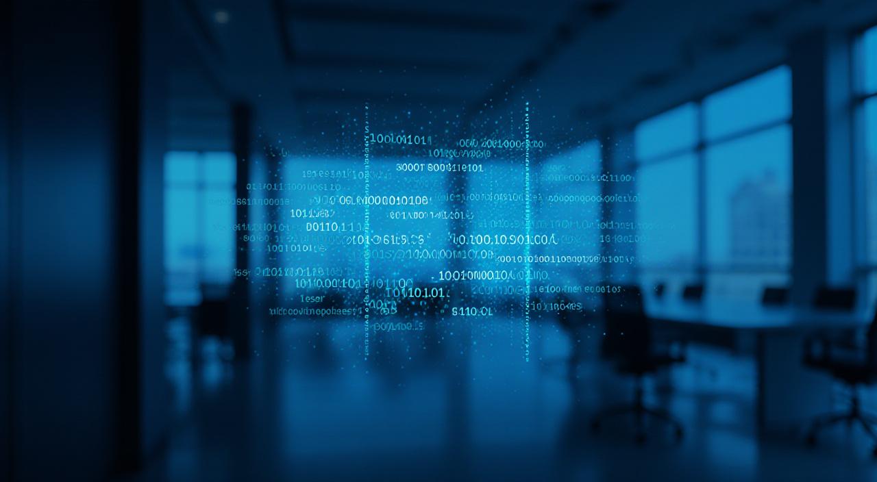 Representación conceptual de IA procesando datos y lenguaje natural en una oficina moderna